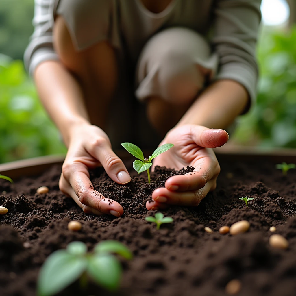 a place with good soil for planting, with a close-up of the hands and the earth where a woman is planting many seeds.