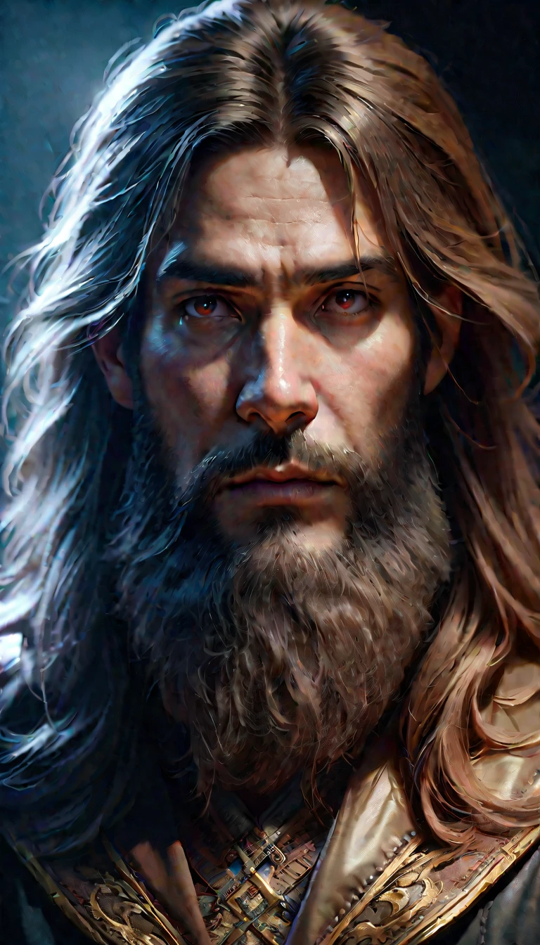 a young bearded man, highly detailed face, piercing eyes, rugged facial features, long beard, intense expression, chiseled jawline, natural lighting, moody atmosphere, cinematic composition, dramatic lighting, shadow and highlights, realistic rendering, photorealistic, 8k, high resolution, 3d, intricate details, masterpiece, digital art