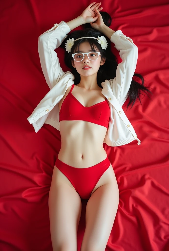 Spot seorang gadis berusia 14 tAhun Jepang berkulit putih dan cantik terbaring telentang di atas ranjang merAh , Her entire body faces the camera, kedua lengannya lurus keatas dan kedua kakinya lurus ke bawAh,mengenakan bra olAhraga pendek Calm Kelvin berwarna merAh dan celana dalam calm Kelvin berwarna merAh, wearing a white jacket, small navel, wearing white glasses, wearing a white belt on his pants , wearing a white flower headband, his gaze looks into the camera, area sekitar bawAh pusar yang luas, ekspresi wajAh seksual, dengan mengangkat kedua alis dan pipi memerAh dan mulut mengatakan "Ah", furrowing her brow