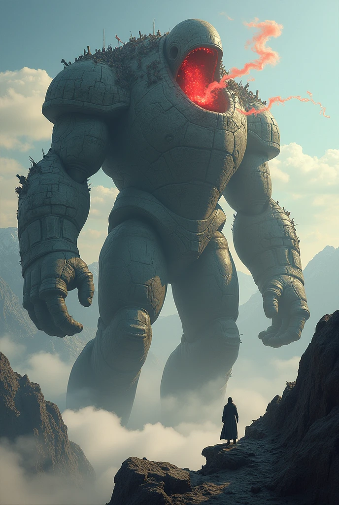 Hey 10,000 feet tall golem with a civilization going on top of it. That’s 1000 years old standing above the clouds over mountains with a red mysterious glow within ties and red steam from it to mouth.