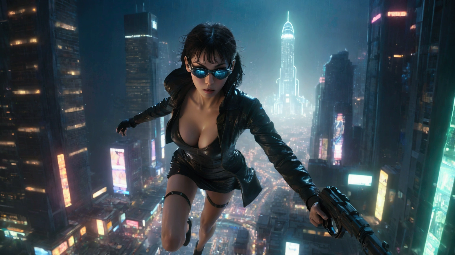 (Wide angle aerial view). Blade Runner inspired night city, simple outlined neon tall buildings, glowing ghost-like transparent iconic statue, helicopter, lightning, close-up glowing matrix cascading code, 3D rendering Beeple. At night, (1girl, solo, alone), photorealistic, large-breast slim:0.6 body, oval:0.5 face, cleavage:1.1, miniskirt, deep-v, (upskirt), glove, (Matrix style black micro sunglasses), (aiming viewer with a short gun), dynamic running pose, (half-body thigh level close-up shot), cinematic lighting, ray tracing, motion blur background.