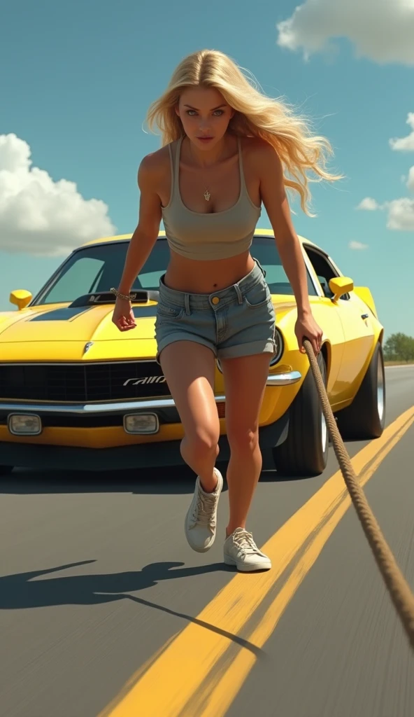 BLONDE IN SHORTS AND TOP PULLS A YELLOW CAMARO ON THE ASPHALT WITH A ROPE