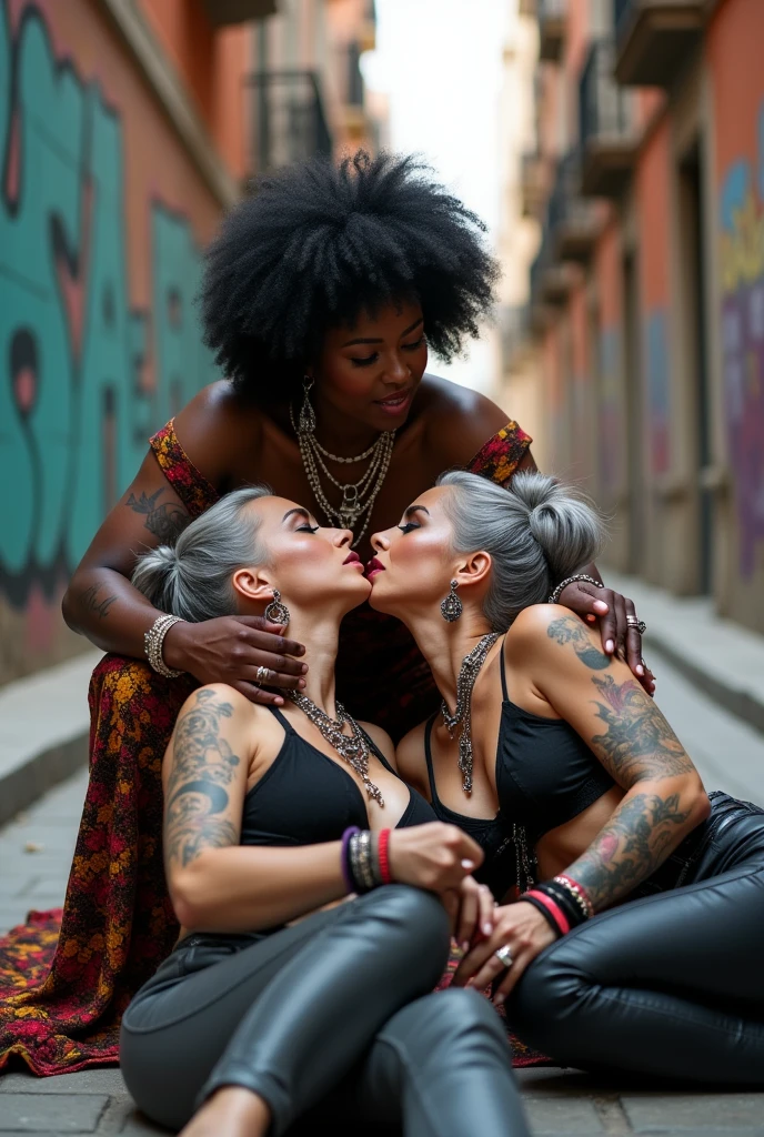 Three russian old  milf women: the strong, muscular , dominant dark skinned gipsy woman (black afro, long african traditional colourful tunic, barefoot), squatting with possessive stance (arms around her two girlfriends' necks). At her feet, lying on the ground,her two caucasian girlfriends (pale faces, pale necks, pale chest, pale stomach, pale arms, pale hands, pale feet) groping and kissing each other,  weak, light grey hair, submissive and needy, feeling defeated and needy, in laid back postures  with hands touching their thongs or their necks or chest, looking at each other with open mouths, arched back,  different clothes but all wearing clothes in rock chic style. grey hair (bouffant, top bun, shaved sides). Big lips.  Black lace push up bras, silicone breasts,, low rise skinny leather jeans. Both Barefoot.. Lots of thick wide studded bracelets, chain necklaces and big rings,. Long earrings with chains and feathers. Chains around their hips. Lounging lazily on the ground with bended knees, separated legs and arched backs. Lazy, leaning back, laid back pose, separated legs. Neck tattoed,  chest tattoed, stomach tattoed, feet, hands, arms and wrists heavily tattoed.  Toned abdominals, thin neck, slim legs and thin arms. Narrow hips. Both, open legs. Full body. At a Madrid narrow street with graffitied walls. 