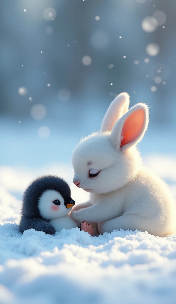 There is snow all around and snow is falling as well. A little penguin baby which is very innocent. The penguin is very small and is lying on the snow. The penguin is also hurt. The penguin is unconscious. There is a rabbit which is very small but bigger than the penguin. The rabbit's hair is like feathers. The rabbit has small ears. The rabbit is trying to lift the penguin. The rabbit's facial expression is sad..image in 3d style