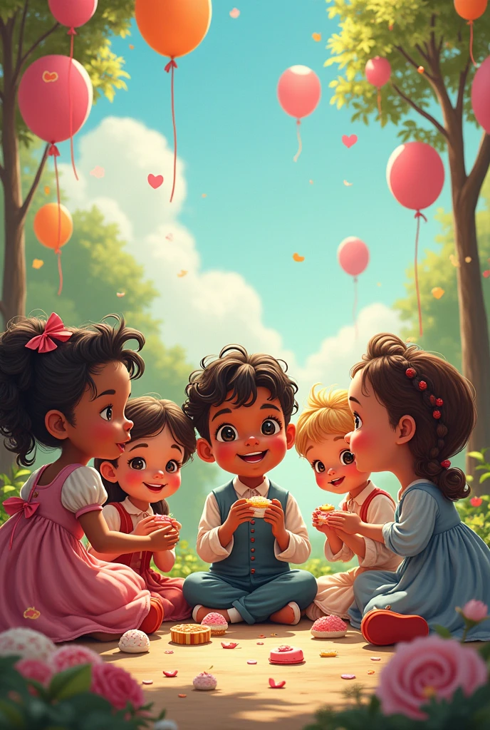Children of various ethnicities eating sweets and playing in period clothing, colored image, lots of sweets and toys to have fun, balloons, Cosmas and Damian