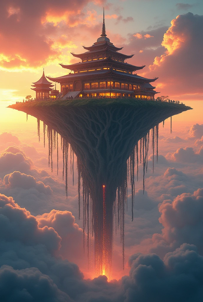 Imagine a monastery that floats above the clouds, supported by massive roots that extend deep into the earth below. The monastery is an architectural marvel, with a mix of traditional, ancient design and modern elements, all built from materials that seem to glow softly in the sunlight. The monks who reside there are dedicated to meditative practices that involve the manipulation of the elements—wind, water, fire, and earth. The sky around the monastery is a stunning blend of oranges, pinks, and purples, as the sun sets and rises, creating an ever-changing, serene environment. The roots of the monastery occasionally pulse with energy, sending waves of light down to the world below, symbolizing the connection between the heavens and the earth.