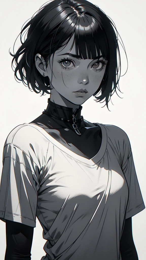 1 boyish girl, solo, sharp eyes, monochrome, greyscale, short black hair, portrait, white T-shirt, thin eyebrows, closed mouth, looking at viewer, graphite \(medium\), detailed lips, hatching \(texture\), without makeup, full bangs, upper body, (best illustration), (best quality), (very detailed), (masterpiece), expressionless,