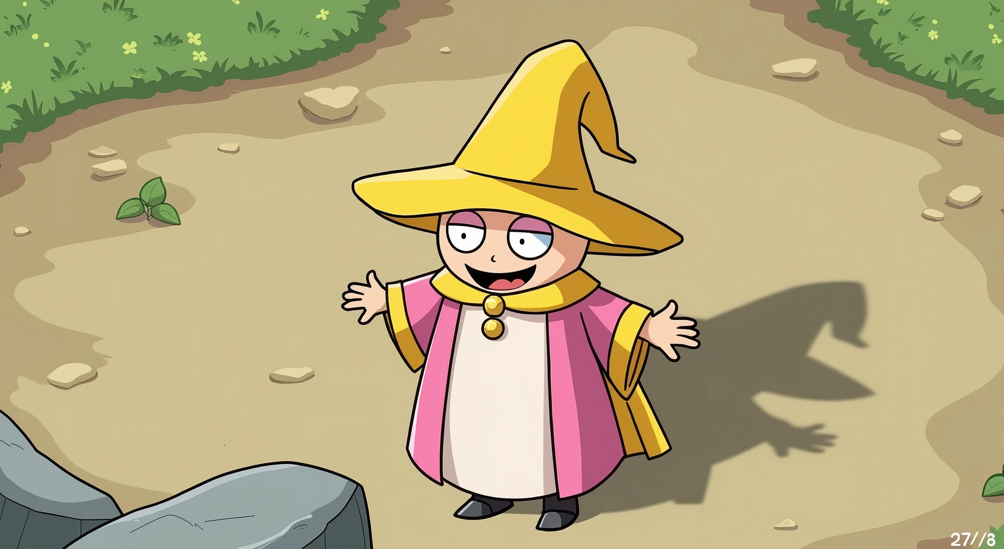I want that this character have a pink and yellow robe and a wizard hat in the top of his head