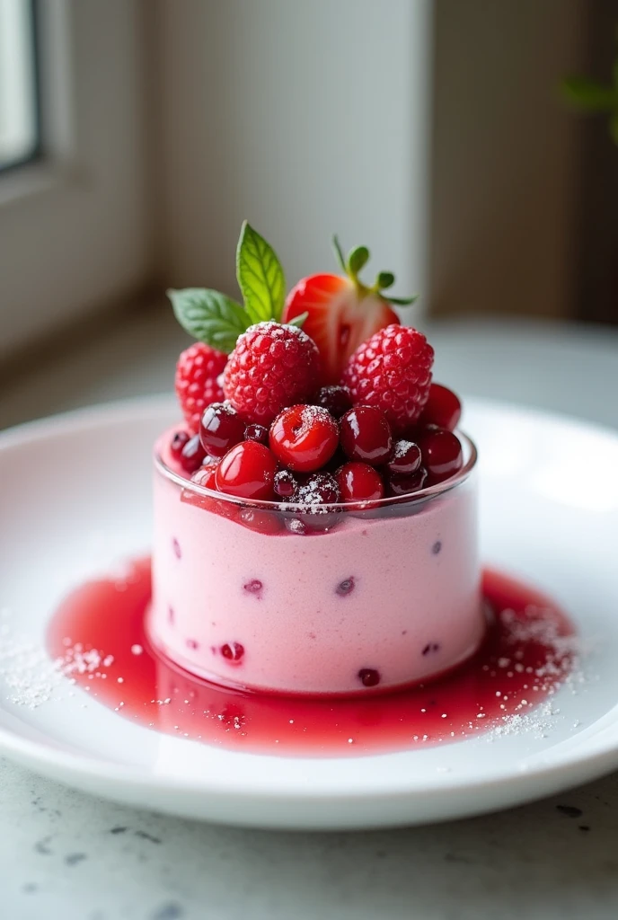 Please illustrate me an Israeli dessert which is a raspberry semifreddo with a layer of red fruits 