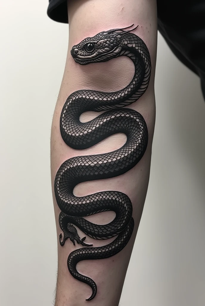black tattoo of a snake coiling around the forearm