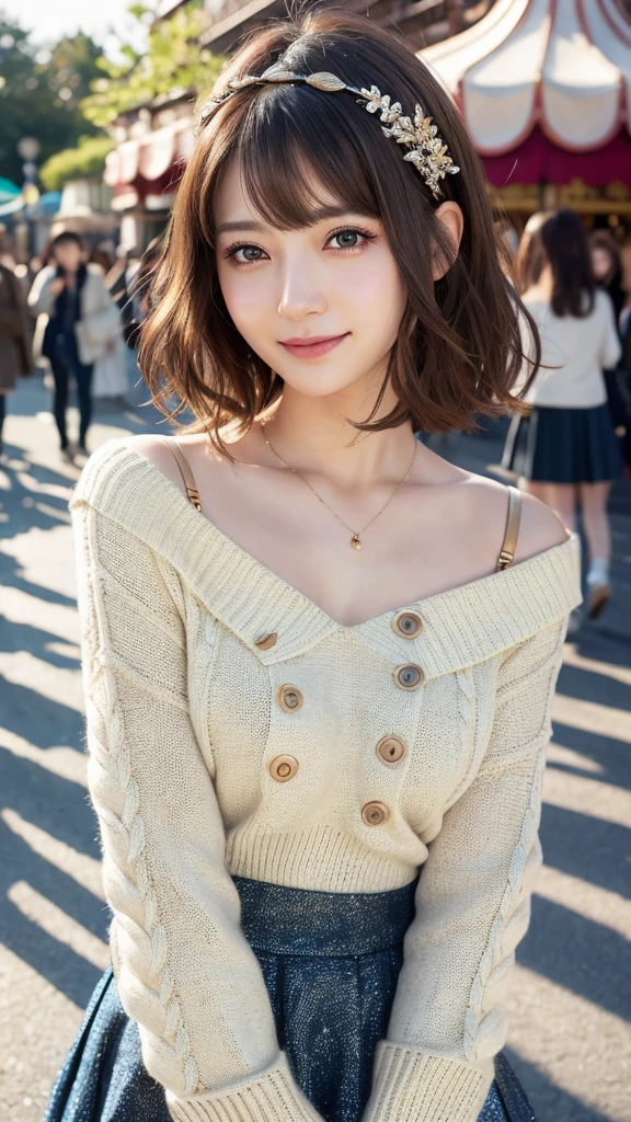 (Tabletop:1.3), High resolution, Ultra-detailed, Highly detailed CG Unity 8k wallpaper, Realistic, Photorealistic, RAW Photos, Beautifully detailed face, Pale skin, Realistic glitter skin, Detailed cloth texture, Detailed hair texture, Beautiful Face, Acura, Anatomically correct, Highly detailed face and skin texture, Natural neck length, (Fair skin:1.2), solo、Brown Hair、⦅Short Wavy Hair⦆、Wearing a headband、With bangs、Japanese women,、Detailed eyes,Harajuku、Cute realistic pictures,⦅Smile 1.6⦆Looking into the camera、Mid-breasted、(Selfie) 、amusement park、⦅Cute smile 1.6⦆、Knitted sweater、mini skirt