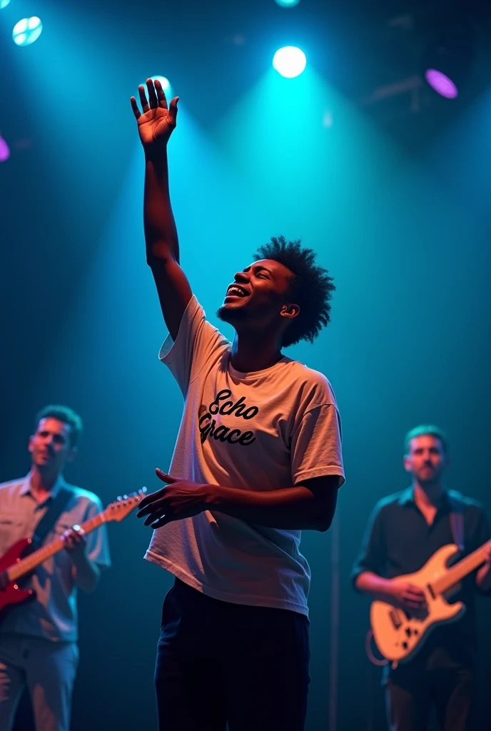 brown singer singing emotionally, right hand raised: 1, lights: 1.5, 1.3, (holding microphone: 1.2), Shirt with Echo Grace written on it, , comely, cerulean, Face ultra detailed, band playing behind detailed, praising God, feeling the presence of God.