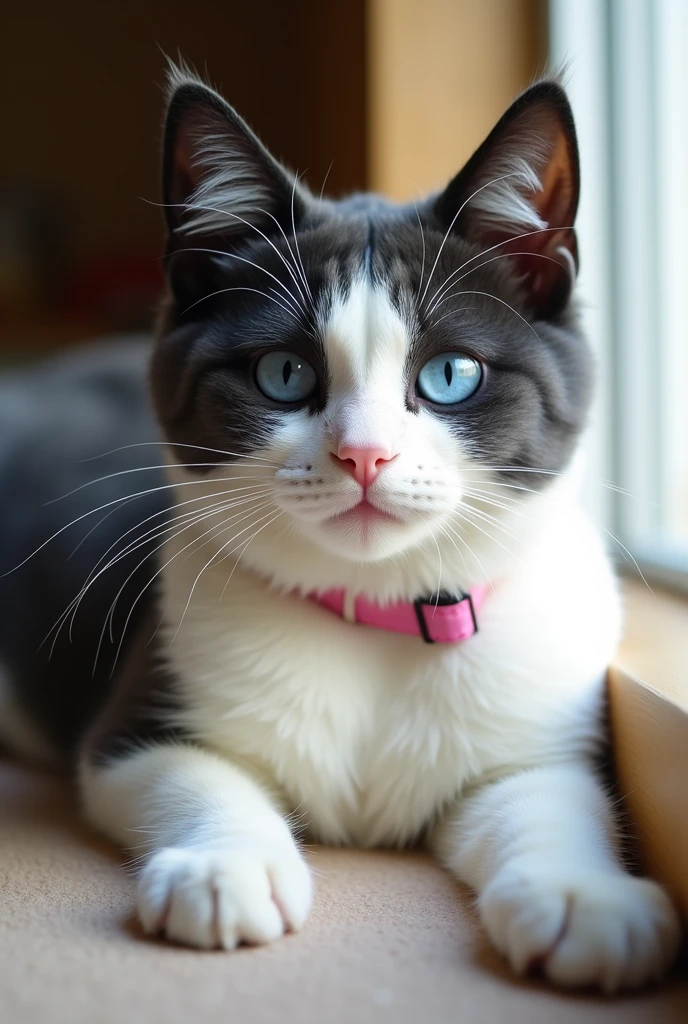 Grey as a medium sized cat, with a chubby body due to her extra weight. Its fur is mainly white, with gray areas that stand out, especially the grayish-black spot on its back. Your head has a unique touch, with black ears that contrast with the white of the face, except for the snout and mouth, that are completely white, standing out against her bright blue eyes. The pink collar adds a delicate and charming touch.

She would probably look adorable in a photo, lying comfortably, perhaps in a cozy corner or near a window, with the sunlight gently illuminating his fur.