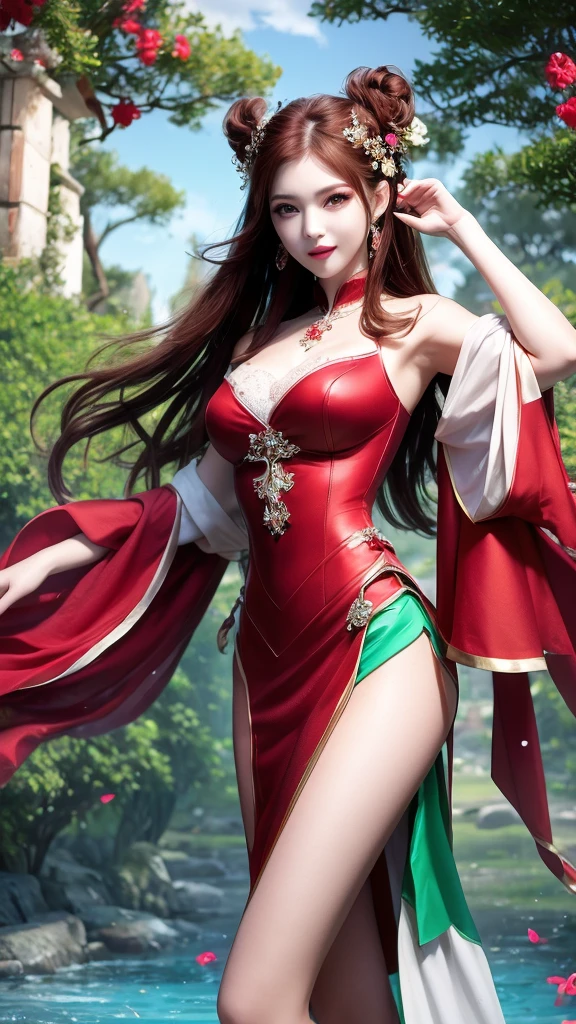 8K Ultra HD, masterpiece, A girl, Good face, detailed, Eye, Beautiful lips, very red hair, Spread your hair, Medium breasts, Wedding dress, Green Dress, In the park, Bird, Blowing the wind, it&#39;s clear, sit, Full body capture,