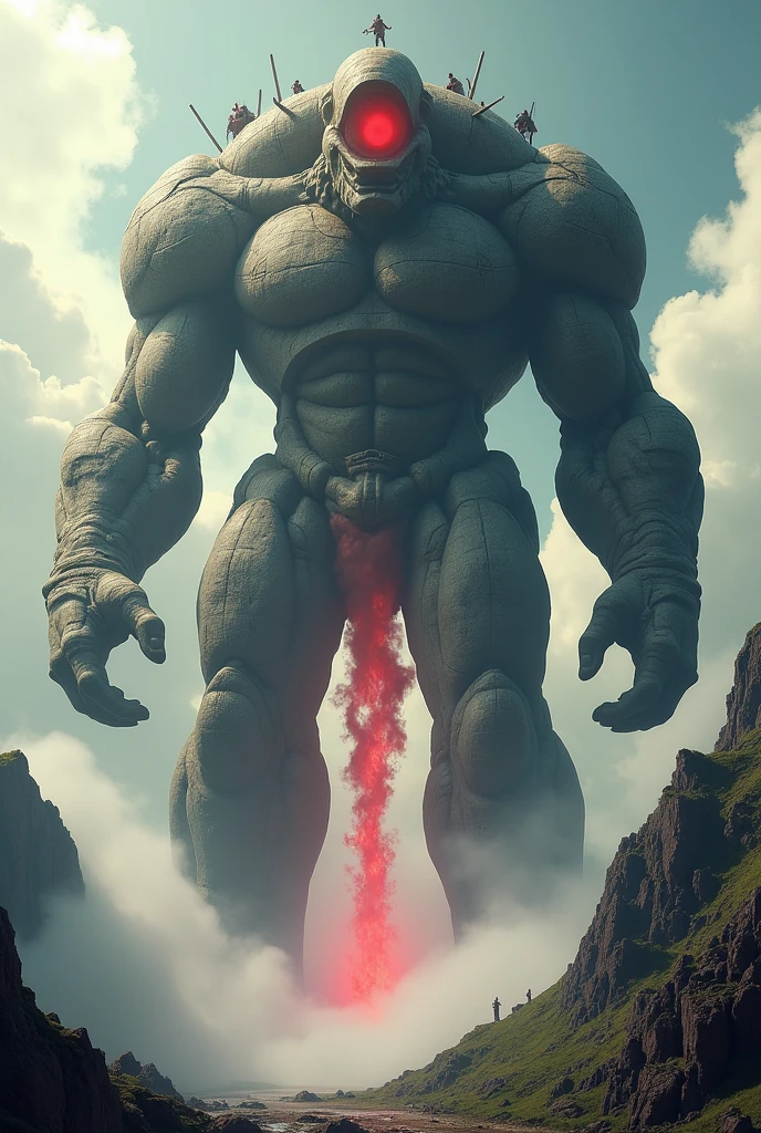 Hey 10,000 feet tall golem with a civilization going on top of it. That’s 1000 years old standing above the clouds over mountains with a red mysterious glow within ties and red steam from it to mouth.