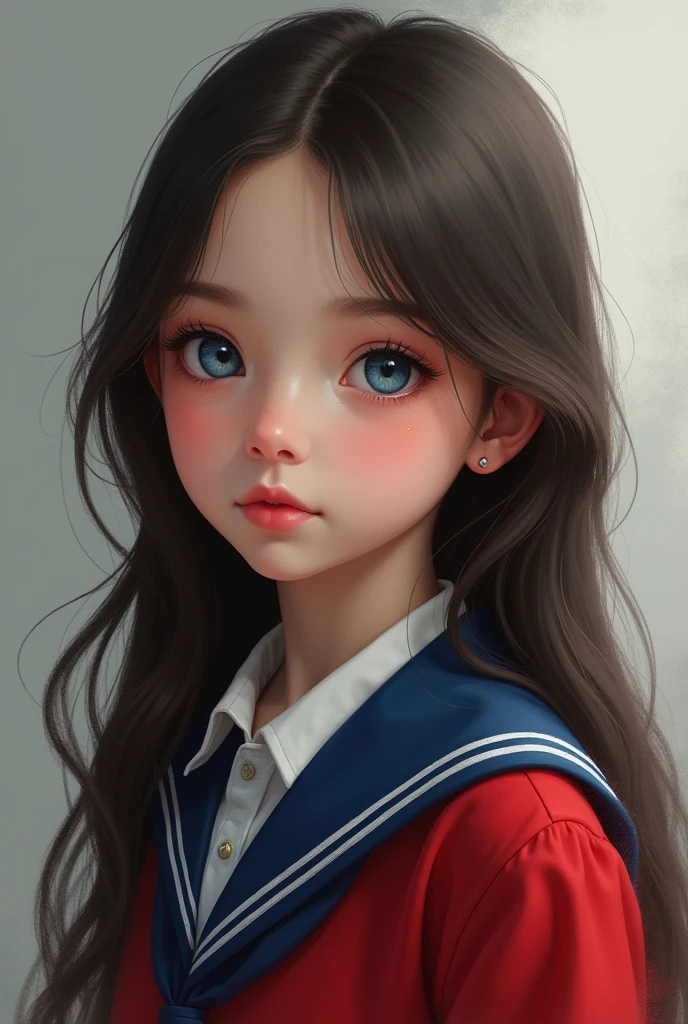 An image of an extremely beautiful and tender girl, with very blue eyes, Dark brown hair, dressed in her red and blue school uniform, very beautiful 