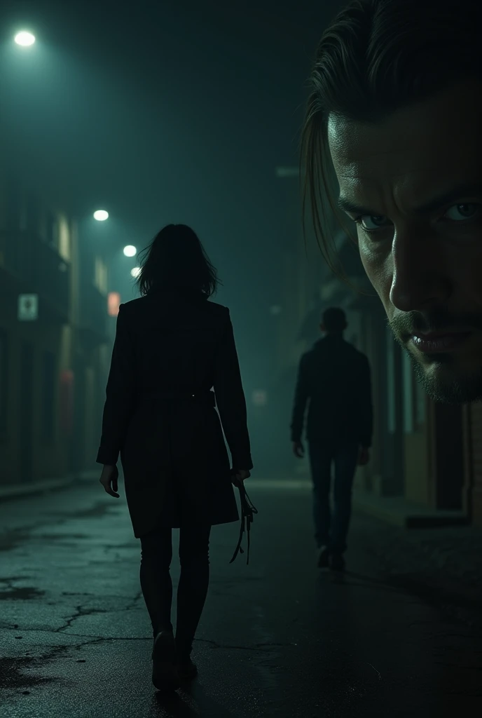 It shows a woman walking alone on a dark and deserted street in the city of La Paz..... (Bolivia). She turns around and sees a man near her., Now the look of this evil man is shown in close-up.., especially his eyes, changes his clothes to more casual clothes