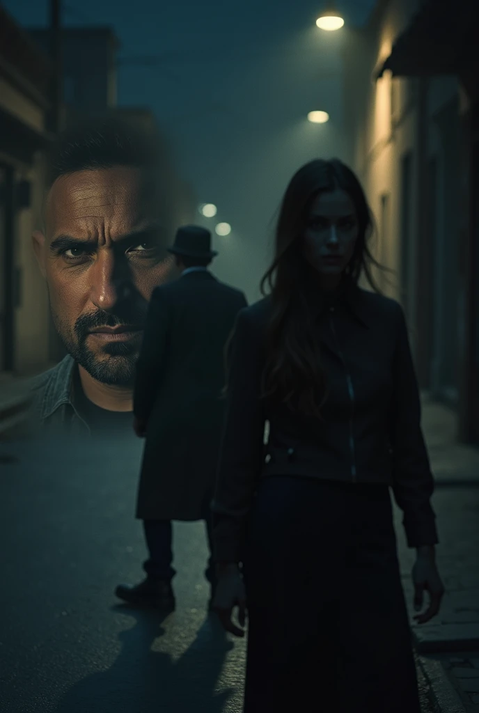 It shows a woman walking alone on a dark and deserted street in the city of La Paz..... (Bolivia). She turns around and sees a man near her., Now the look of this evil man is shown in close-up.., especially his eyes, changes his clothes to more casual clothes 