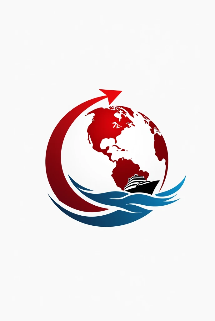 draw me import export company logo, Earth logo, has water flowing through, cargo ship on the water, arrow around the earth, main color red white, professional creative style