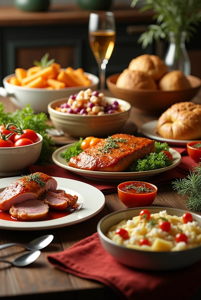 create a table with several delicious foods and it must be ultra-realistic