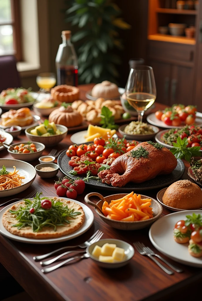 create a table with several delicious foods and it must be ultra-realistic