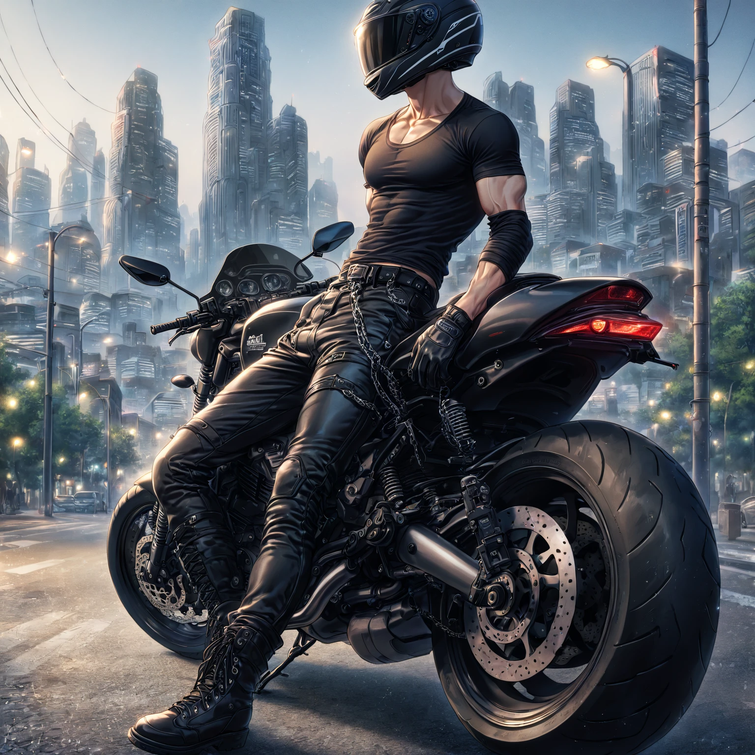 absurdres, highres, ultra detailed, HDR, master piece, best quality, man wearing a black motorcycle helmet that hides his entire face, solo, sensual, black tight T-shirt, toned, black gloves, black pants, belt, black boots, chains, leaning against a motorcycle, city, lights, buildings, street