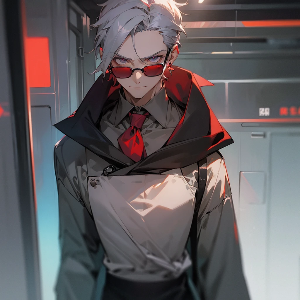 male, man, gray hair, short hair, forehead, tied at the nape of the neck, amethyst eyes, dark glasses, one man, cafe clerk, type, red earrings, intelligent, serious look, cyberpunk, inside, in the subway, determined, half body photo, upper body, face, write smile, 