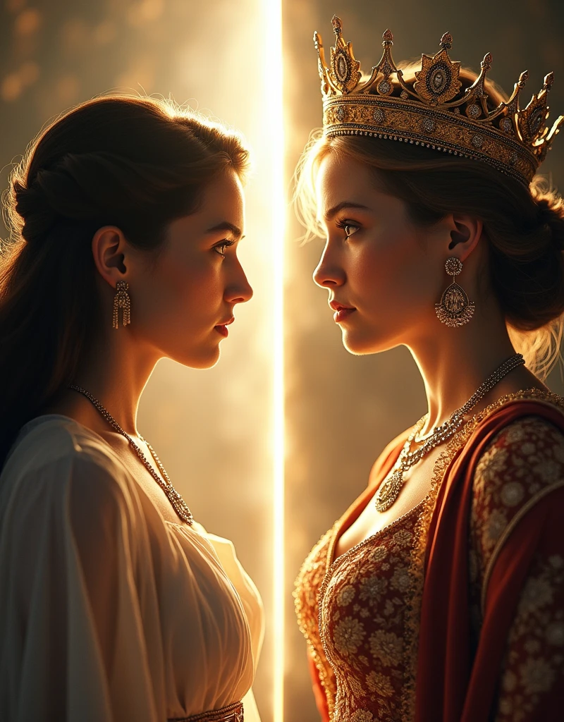 An image showing a woman in two distinct stages: On the left side, a simple and discreet young woman, representing Hadassah, in a darker or neutral environment. on the right side, the same woman, now transformed, with a crown and dressed like a queen, representing Esther, in a brilliant and majestic setting. in the middle of the image, a beam of light or a soft glow can symbolize transition and God&#39;Her timing.

This image visualizes the transformation message, highlighting the process of 