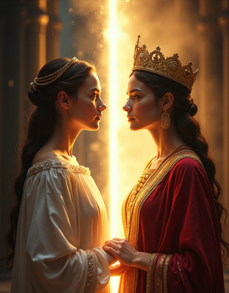 An image showing a woman in two distinct stages: On the left side, a simple and discreet young woman, representing Hadassah, in a darker or neutral environment. on the right side, the same woman, now transformed, with a crown and dressed like a queen, representing Esther, in a brilliant and majestic setting. in the middle of the image, a beam of light or a soft glow can symbolize transition and God'Her timing.
This image visualizes the transformation message, highlighting the process of