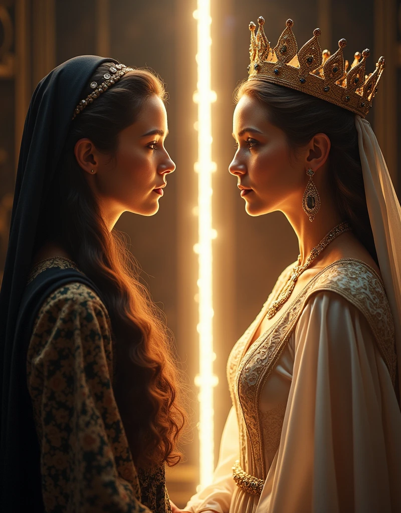 An image showing a woman in two distinct stages: On the left side, a simple and discreet young woman, representing Hadassah, in a darker or neutral environment. on the right side, the same woman, now transformed, with a crown and dressed like a queen, representing Esther, in a brilliant and majestic setting. in the middle of the image, a beam of light or a soft glow can symbolize transition and God&#39;Her timing.

This image visualizes the transformation message, highlighting the process of 