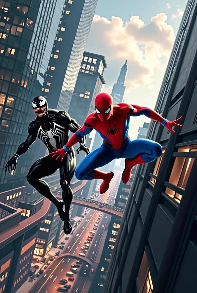 create a horizontal laptop wallpaper, the background should be realistic and have spiderman and vennon in a modern city