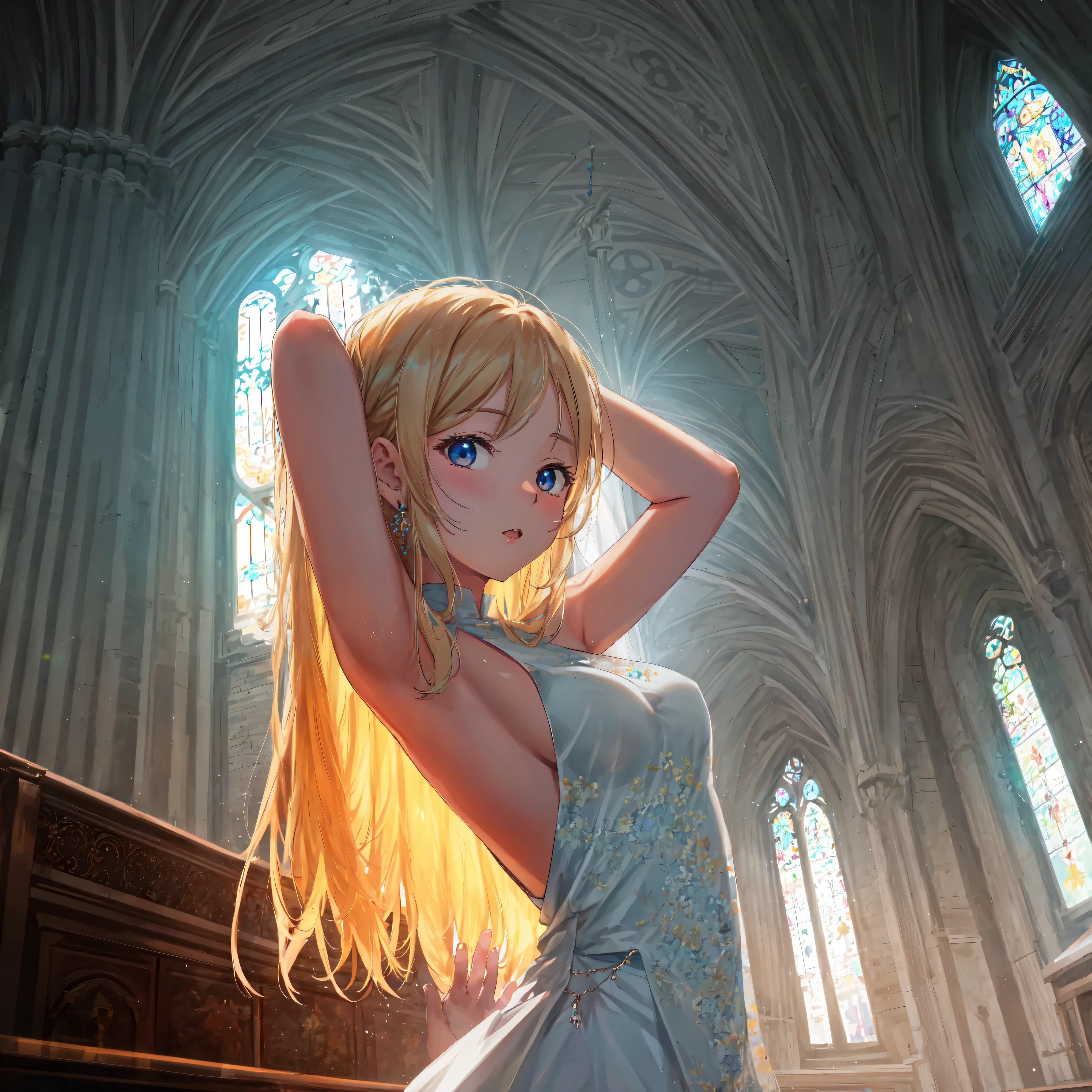 (pencil art:1.3),masterpiece, Highest quality,pastel color,church,dutch angle,18歳,腕を上げる,緩い白いワンピース,脇,{{beautiful medium-sized breasts1:4}},master peace ,{{beautiful blue eye1:4}},,(((Sacred))),Photoreal 1;4,{{blond hair}}, top quality, {{beautiful butt}}, cute girl, high quality background, BREAK, 5 fingers