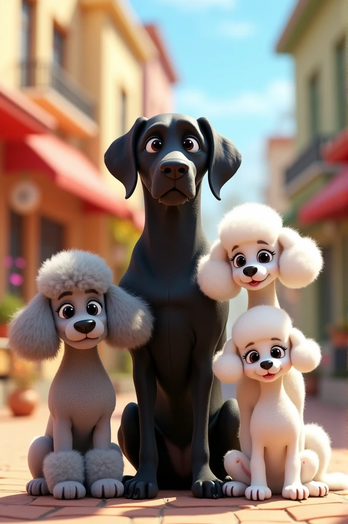 Pixar cartoon of six dogs and a black labrador , 1poddle blanco, 1 poodle gris, 1 mini poodle gris, 1 white poodle with black and another white poodle with a black spot on the eye