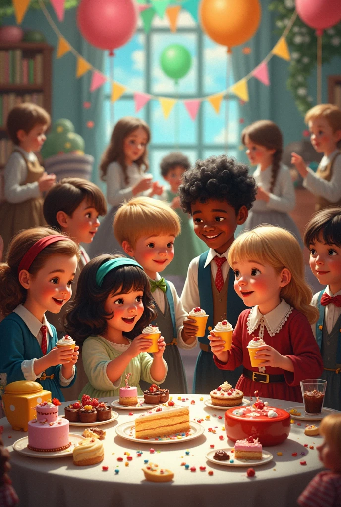 Children of various ethnicities at a party eating sweets and playing in period clothing, colored image, lots of sweets and toys to have fun, balloons, Cosmas and Damian
