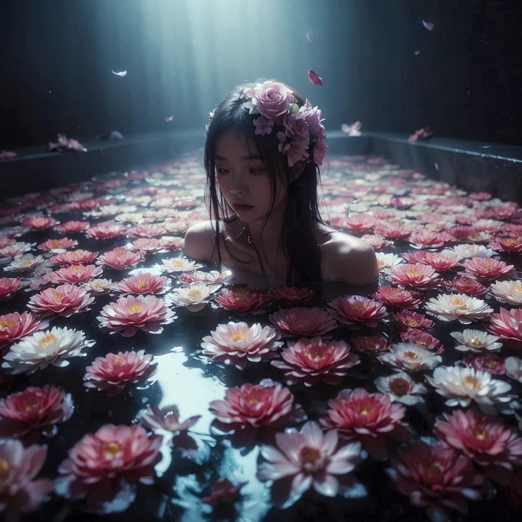 full-body shot (midnight flower bath, 1girl, young indonesian, surreal, dark fantasy, detailed, bokeh, cinematic lighting, ethereal, enchanting, haunting, HD, beauty shot), flower petals, slighty dark, moody, underwater, high resolution, dreamy, soft focus, surreal, water reflections, dark, mysterious, elegant, cinematic, misty atmosphere, detailed, enchanting, UHD, HDR