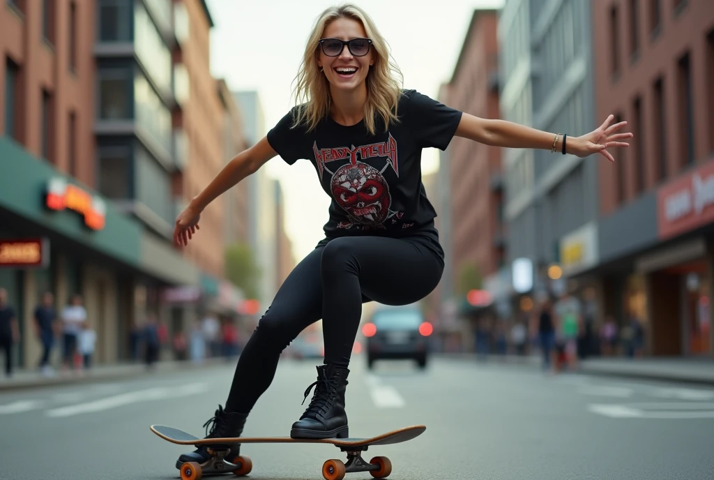a beautiful sexy blonde skateboarding, smiling, dressed all in Black, with glasses, wearing a heavy metal band t-shirt