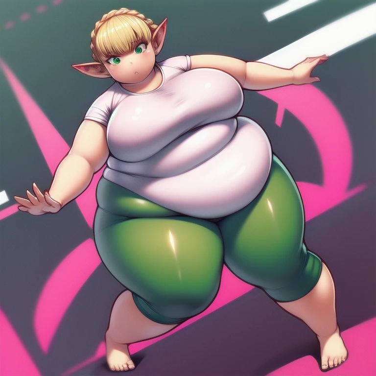 4K, high quality, 1 solo girl, detailed eyes, obese erufuda, short hair, pointy ears, blonde hair, (green eyes:1.5), perfect body, white shirt, green pants, barefoot, braid, big butt, big breasts, cute, thick thighs, squeezing the belly