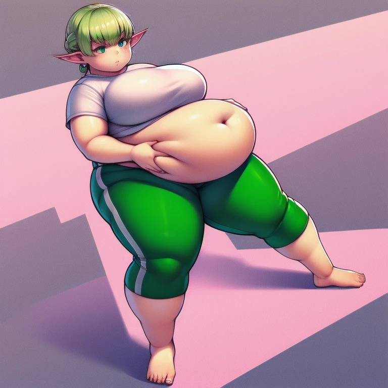 4K, high quality, 1 solo girl, detailed eyes, obese erufuda, short hair, pointy ears, blonde hair, (green eyes:1.5), perfect body, white shirt, green pants, barefoot, braid, big butt, big breasts, cute, thick thighs, squeezing the belly