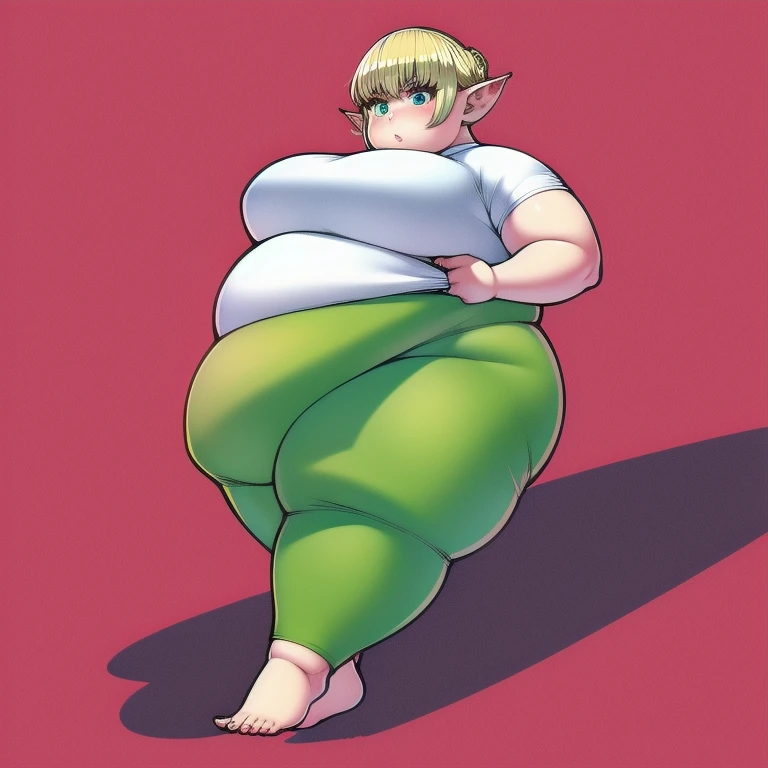 4K, high quality, 1 solo girl, detailed eyes, obese erufuda, short hair, pointy ears, blonde hair, (green eyes:1.5), perfect body, white shirt, green pants, barefoot, braid, big butt, big breasts, cute, thick thighs, squeezing the belly