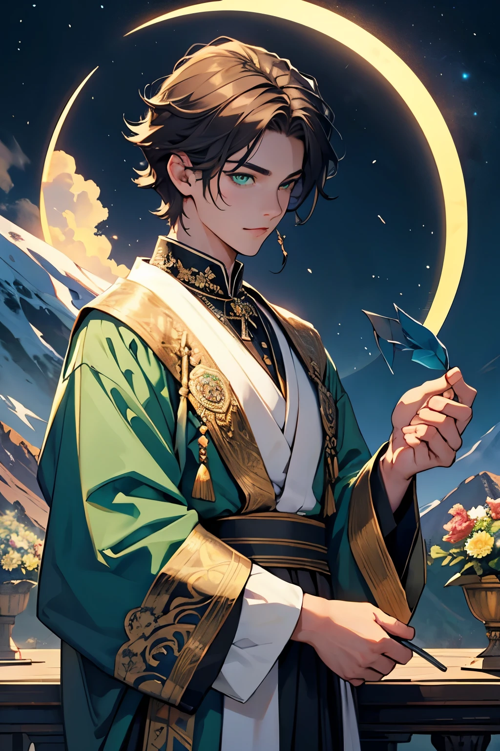 20-year-old male, young, Prince, Royalty, green, purple,jewelry, Sparkling, Night Sky, at night, performer, Beautiful man, Green Eyes, The illustrations are delicate, detailed and beautifully drawn.,Young and beautiful、Wearing baroque clothes、Her hair is shoulder-length ,Cane in one hand、Hold the sphere in your other hand、Infinity symbol above head、Mountains and sun in the background、Flowers on the table,