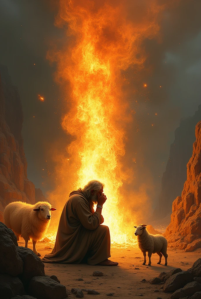 Ancient shepherd man kneeling barefoot covering his face in front of a burning bush and his sheep waiting at his side
