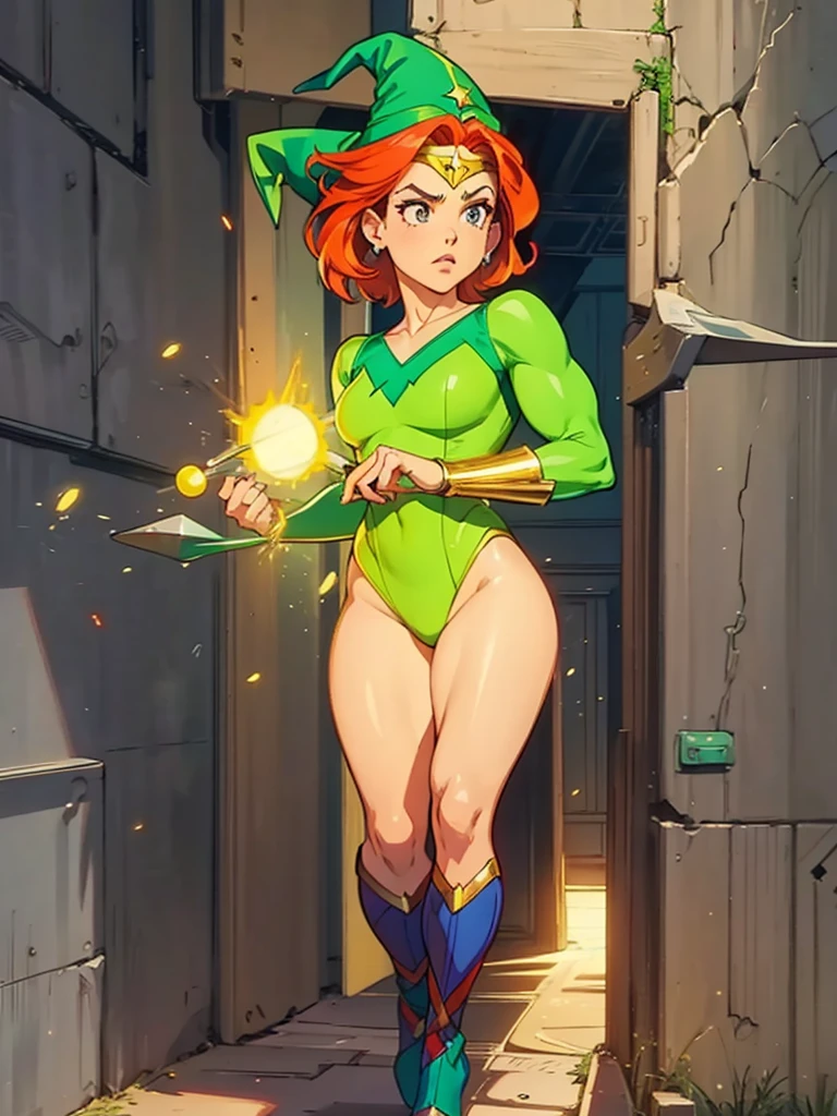 a redhead cartoon character, wonder woman outfit, green leotard, very muscular,  male wizard, 1980s cartoon, animated episode still, Presto (((mad))), ((Wears a wizard hat))