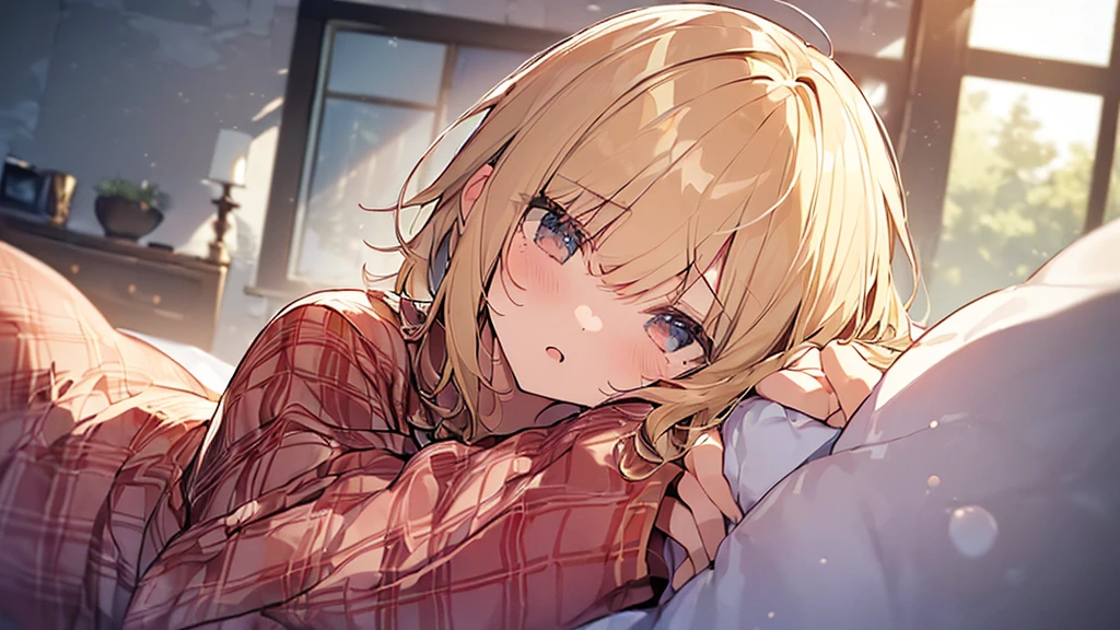 (Masterpiece, Top quality:1.5), (lie on one’s back:1.4), on the bed, (1 beautiful girl, solo:1.2), (short height:1.3), (Flannel Pajama Set:1.3), Blonde hair:1.1, medium Hair, wavy Hair, asymmetry bangs, swept bangs, airy hair, (sleepy-eyed:1.3), blush:1.2, beautiful scene of bedroom, magnificent panorama view, blurry background, open mouth