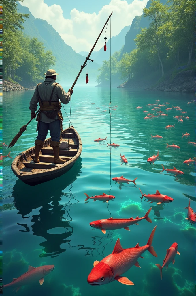 in a river  There are many fish.  And the sailor is at the prow of the boat.  Fishing with a spear.  HD