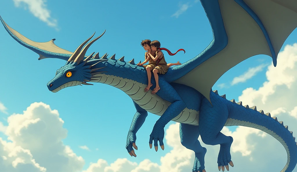 Two male teenagers are riding a dragon and the two are kissing. They are wearing primitive clothing from the Nordic era. The dragon is very large and can hold up to five people. It has blue skin, yellow eyes, three horns, very long wings, very beautiful legs and a snake-shaped tail. They are flying in the sky in the afternoon. The image has to be in anime.