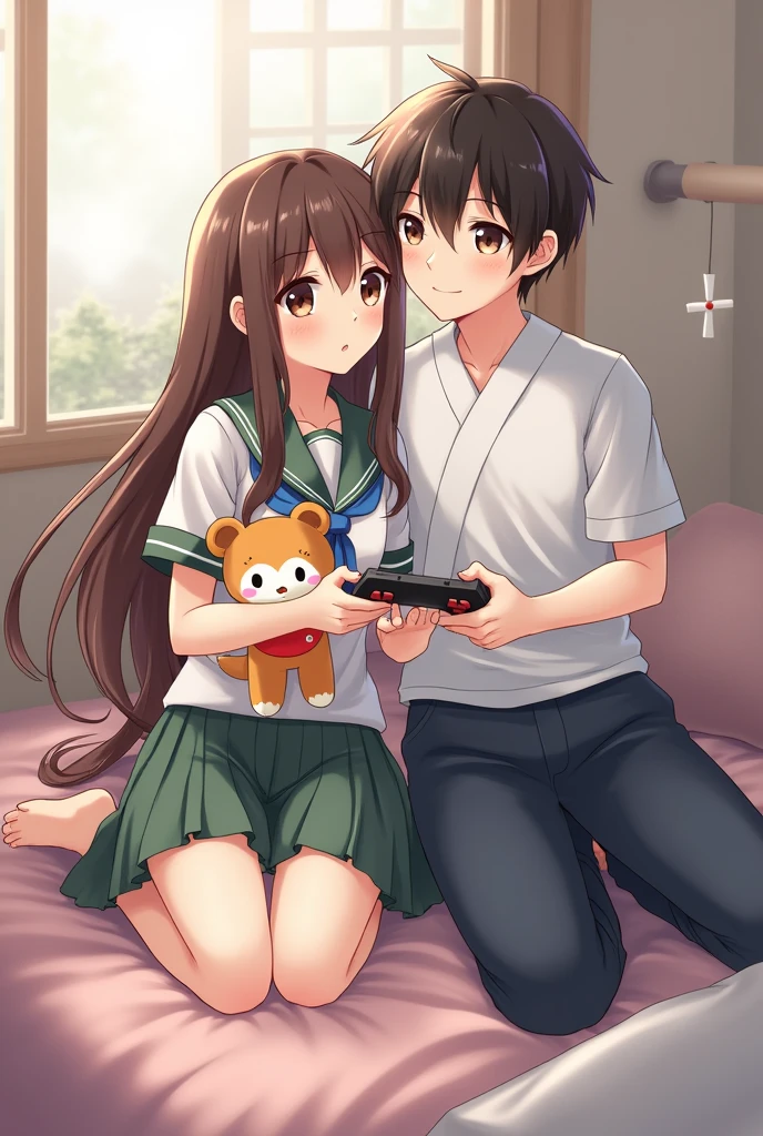 anime girl with long brown hair, brown eyes, pale skin, and has glasses. She is wearing japanese school girl uniform, holding a anime plushy. she is sitting next to a anime boy who has hazel eyes, pale skin, and he is wearing a japanese school boy uniform form while holding a game controller.