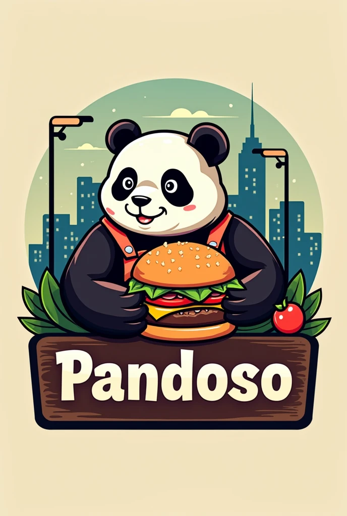 Create an urban logo with the word pandoso ,that has the fusion of a panda and a bear , Selling hamburgers 