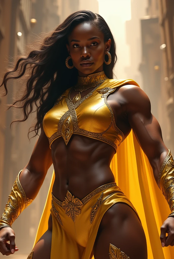 3D Octane Rendering, Ray Tracing, Super Detailing Viewer, Closeup
(Afro-Indian) Goddess Fusion Vixen (DC Comics) Fusion Metroid, Epicrealism, No Nudes, In Armored Suit, Hyperbolic Lower Extremities, Wide Hips, Ultra Realistic,
1 character, Detailed Body, Detailed Face, Golden Skin Glow, Braided Hair, Afro-Indian Features, Volumetric Lighting, Shimmering Armored Suit, Clipped-on Gauntlets, Chest and Back Plates, Detached Helmet Revealing Her Hair and Express