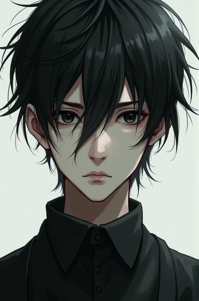 The boy is tall and thin.. has pale skin, almost translucent, and his eyes are a deep black. Her hair is also dark and falls over her eyes in messy locks.. It seems to have a mysterious presence, His features are fine and his expression is somewhat serious..male face ,strong and serious appearance ,Realistic style