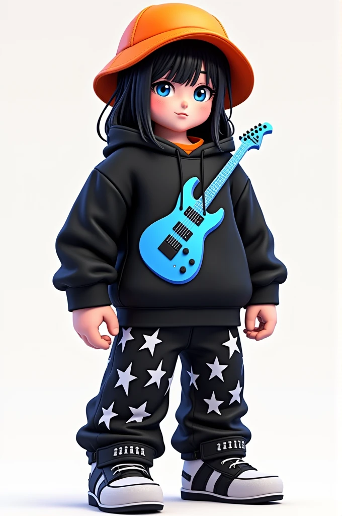 Roblox character ia with black hair with an orange hat and pale skin and a blue guitar shirt and a black sweatshirt with black pants with white stars